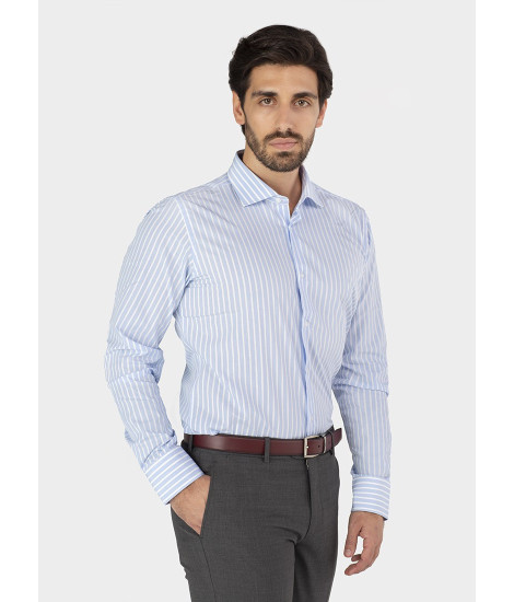 Camisa Algodão Azul Risca Branca Larga | JOHN TWEED TAILORED
